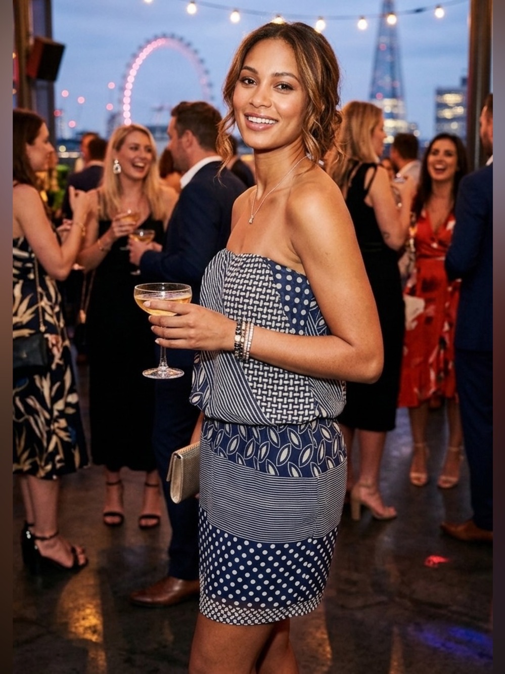 Mystic Navy and White Strapless Mixed-Print Dress/E099